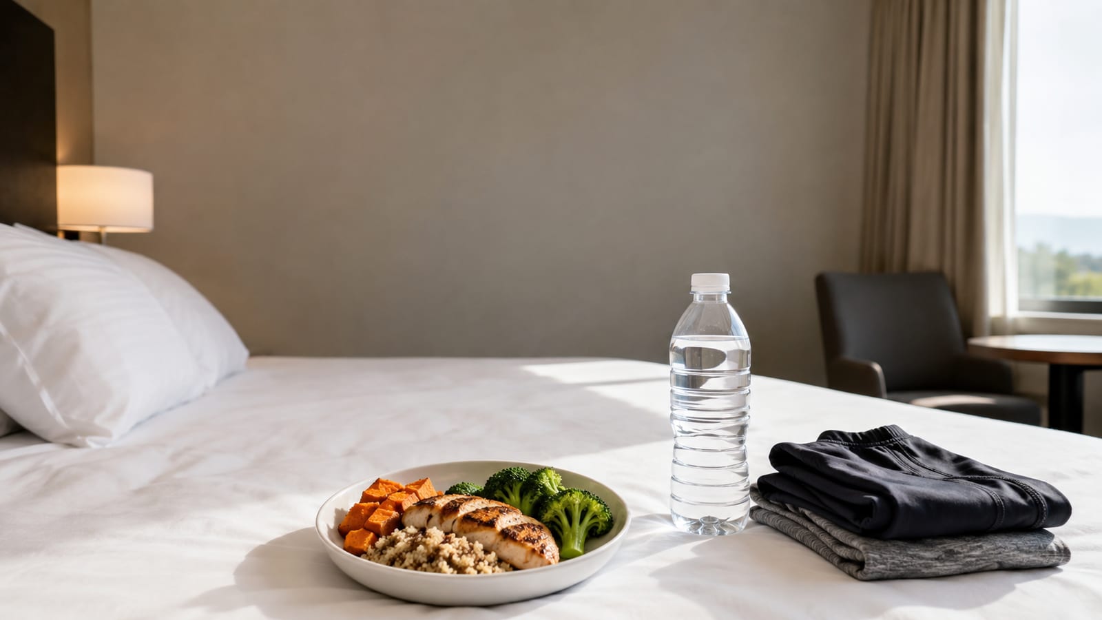 Healthy meal, water, and folded workout clothes arranged beside a hotel bed