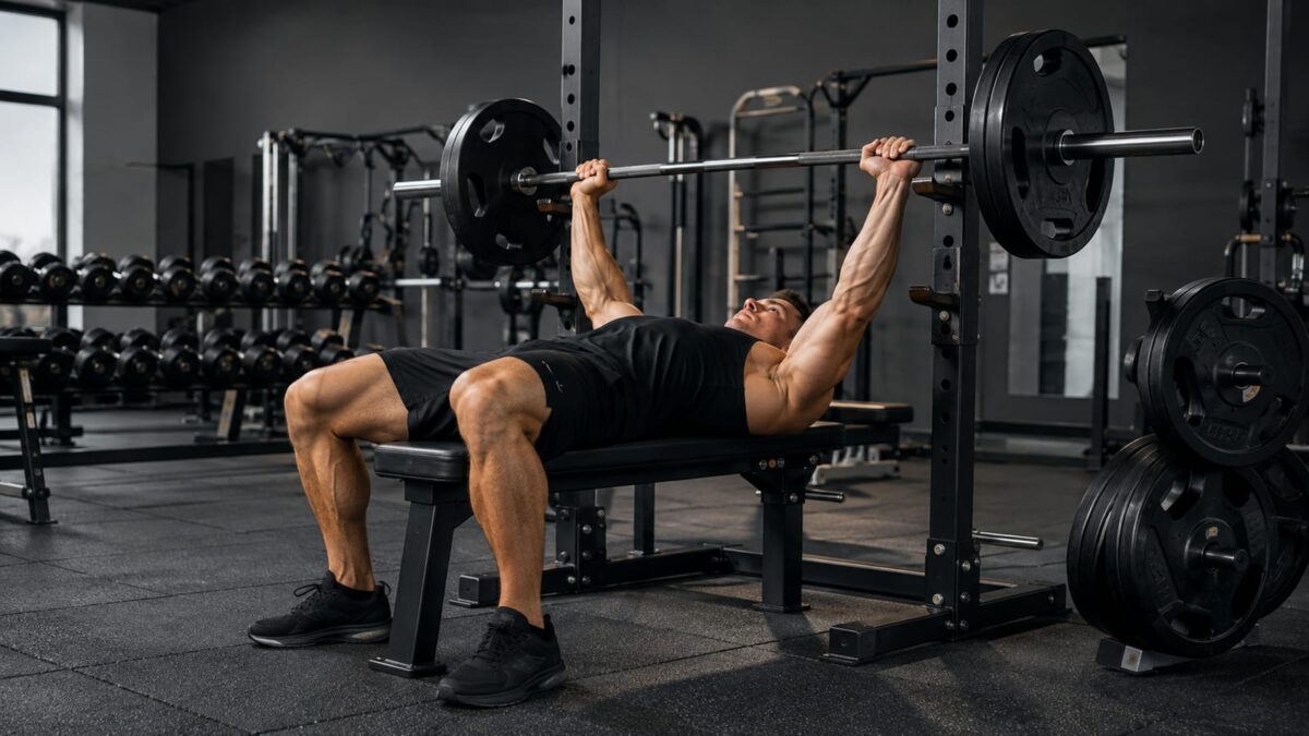 Athletic man performing heavy barbell presses in a realistic, well-equipped strength training gym