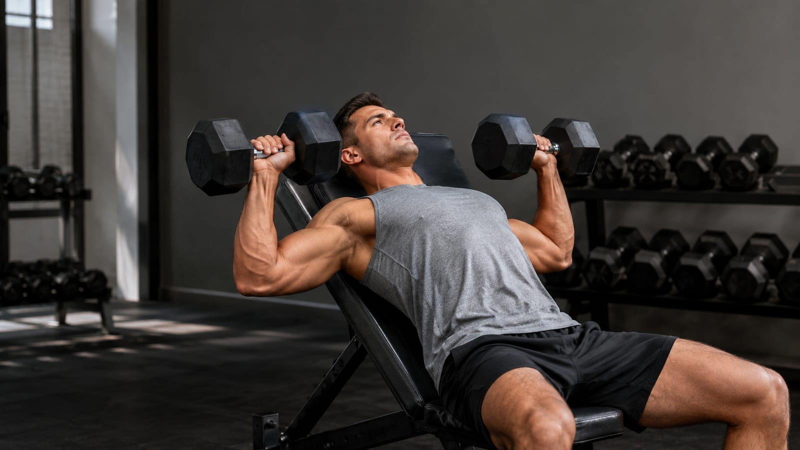 Natural lifter performing controlled compound exercises with practical training volume and recovery focus