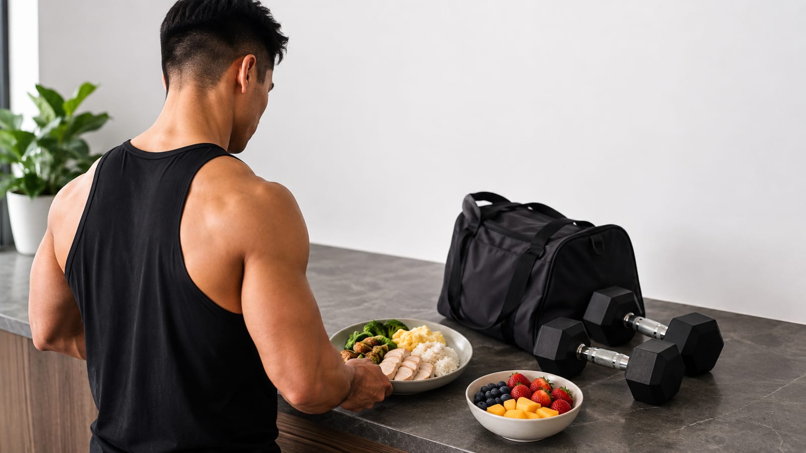 Fit lifter recovering after training beside nutritious whole foods and gym equipment