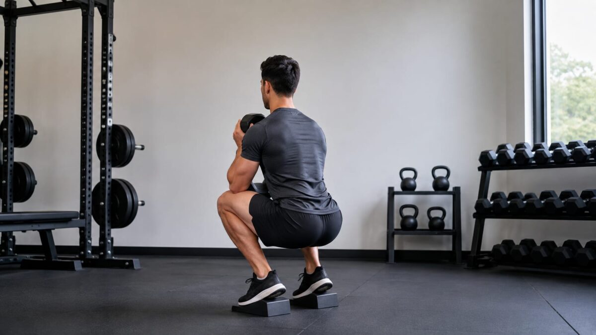 Athlete performing controlled heel-elevated goblet squat in a simple strength-training gym