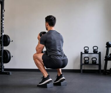 Athlete performing controlled heel-elevated goblet squat in a simple strength-training gym