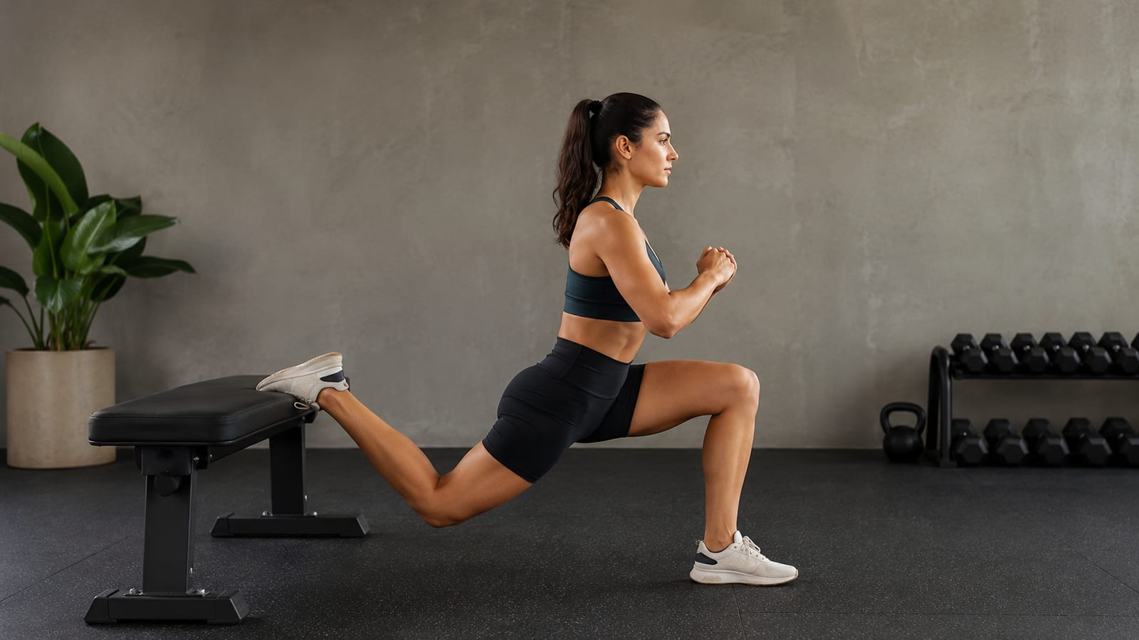 Athlete practicing supported split squat alignment with knee tracking over the foot