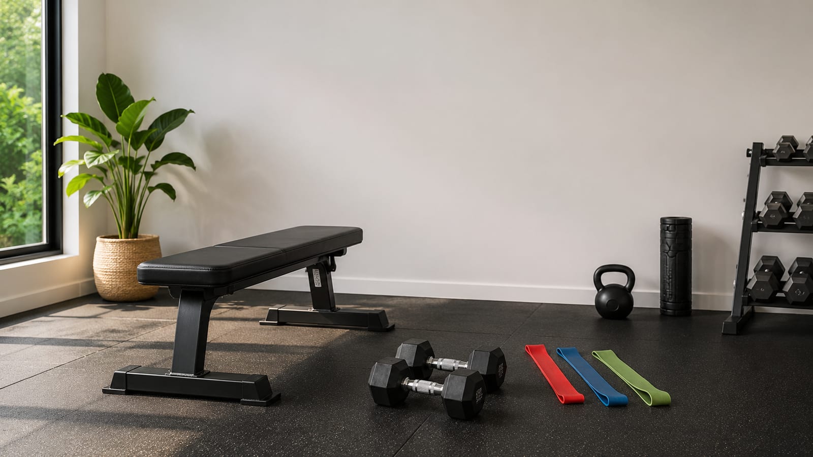 Strength-training setup with dumbbells, bench, and resistance equipment arranged for quad sessions
