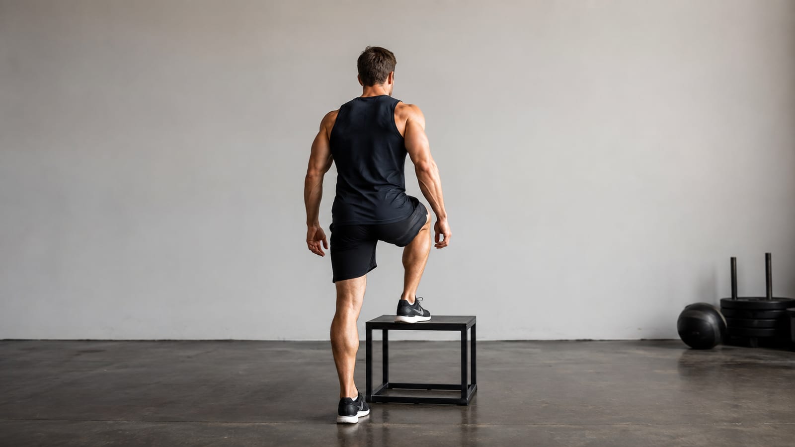 Athlete performing pain-free low step-up with balanced posture and controlled descent