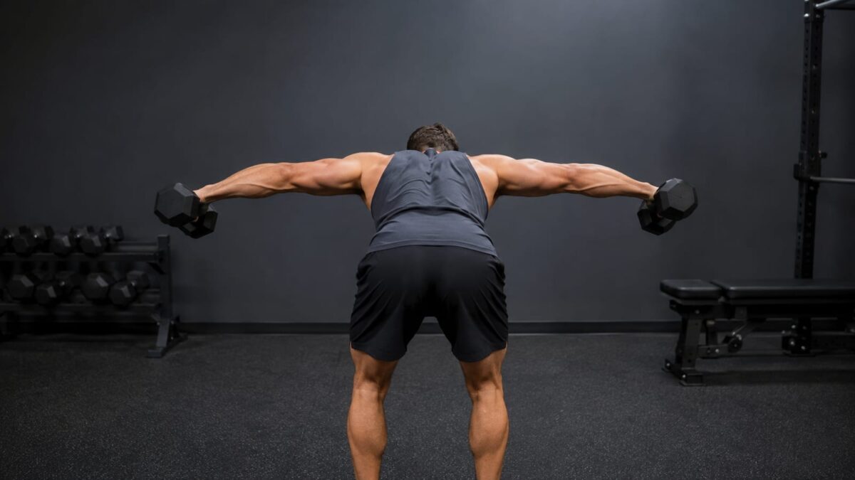 Athlete performing a controlled rear-delt workout using dumbbells in a realistic strength-training gym