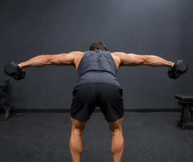 Athlete performing a controlled rear-delt workout using dumbbells in a realistic strength-training gym