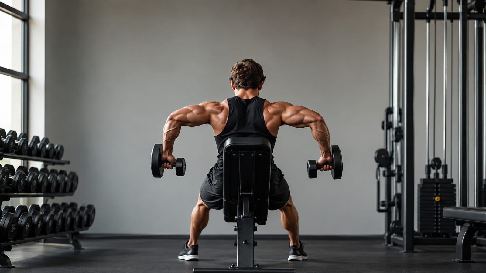 Athlete performing chest-supported rear-delt rows with elbows wide and shoulders controlled