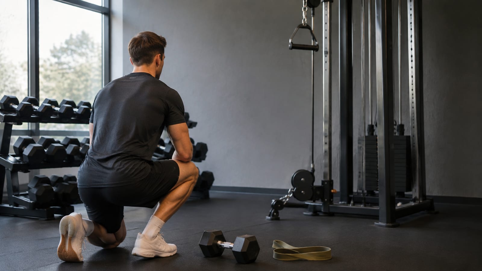 Strength trainee completing a balanced weekly shoulder session with cables, dumbbells, and resistance equipment