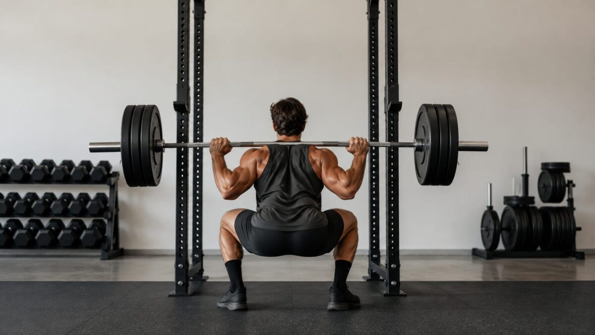 Natural lifter performing barbell squats in a bright gym, emphasizing full-body anaerobic training
