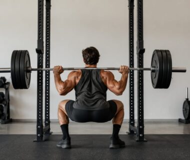 Natural lifter performing barbell squats in a bright gym, emphasizing full-body anaerobic training