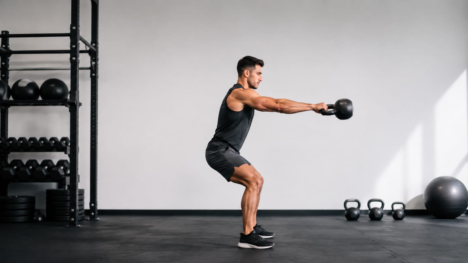 Athlete performing powerful kettlebell swings during a structured high-intensity workout