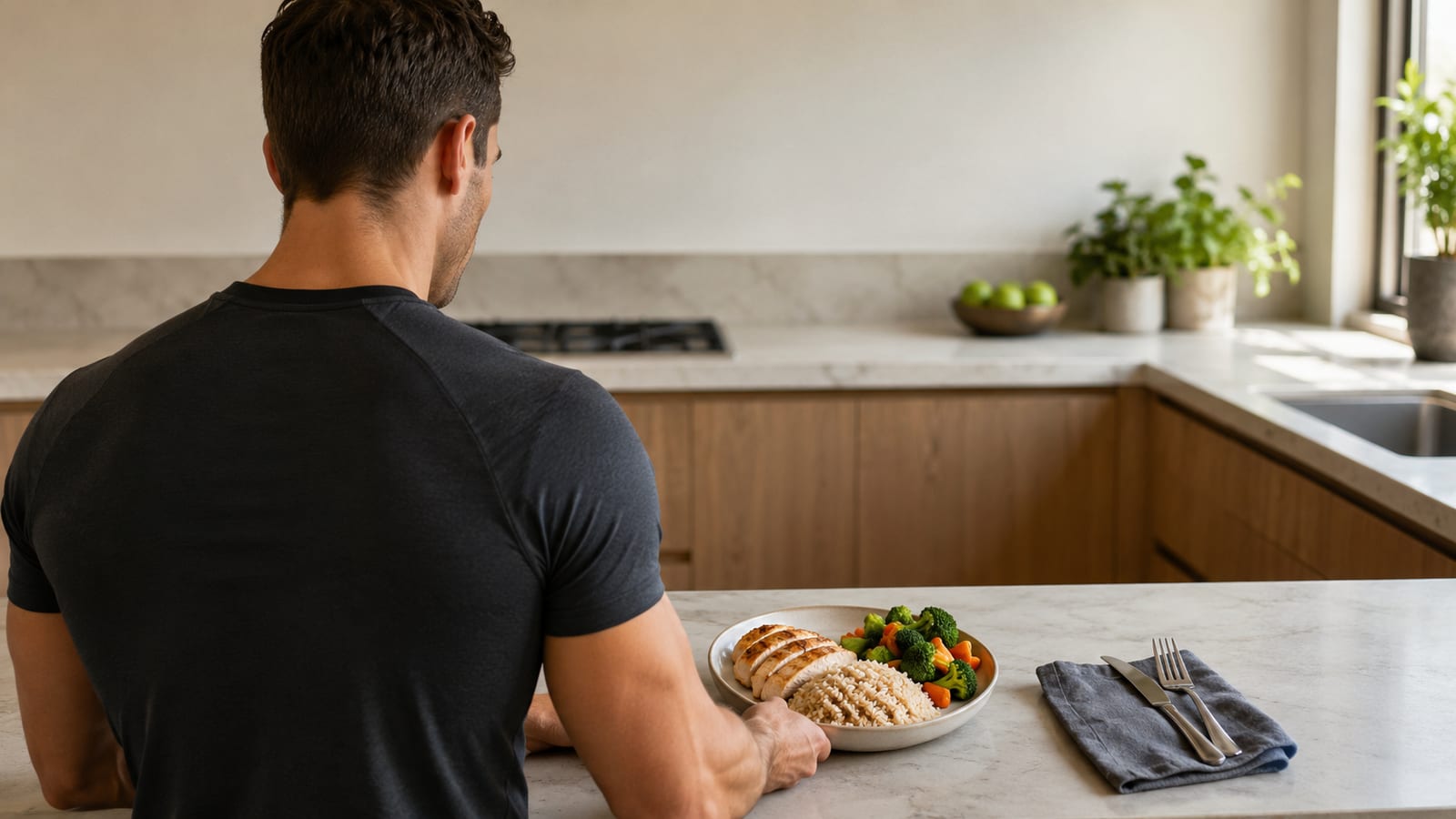 Athlete preparing a balanced high-protein meal beside fresh vegetables and plain cooked grains