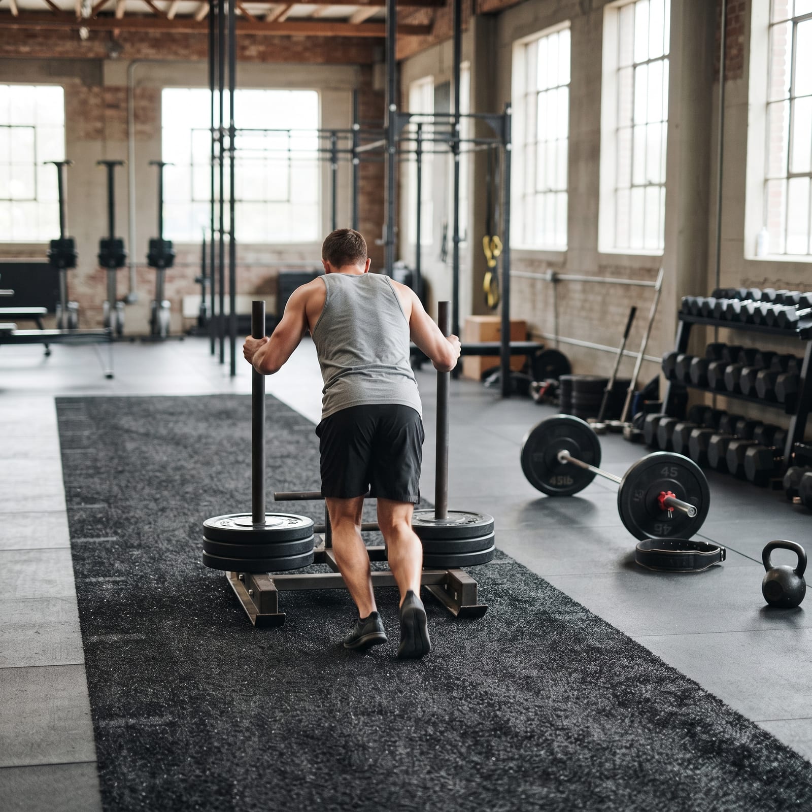 Lifter completing a sled push workout in an open training space, focused on fat-loss conditioning