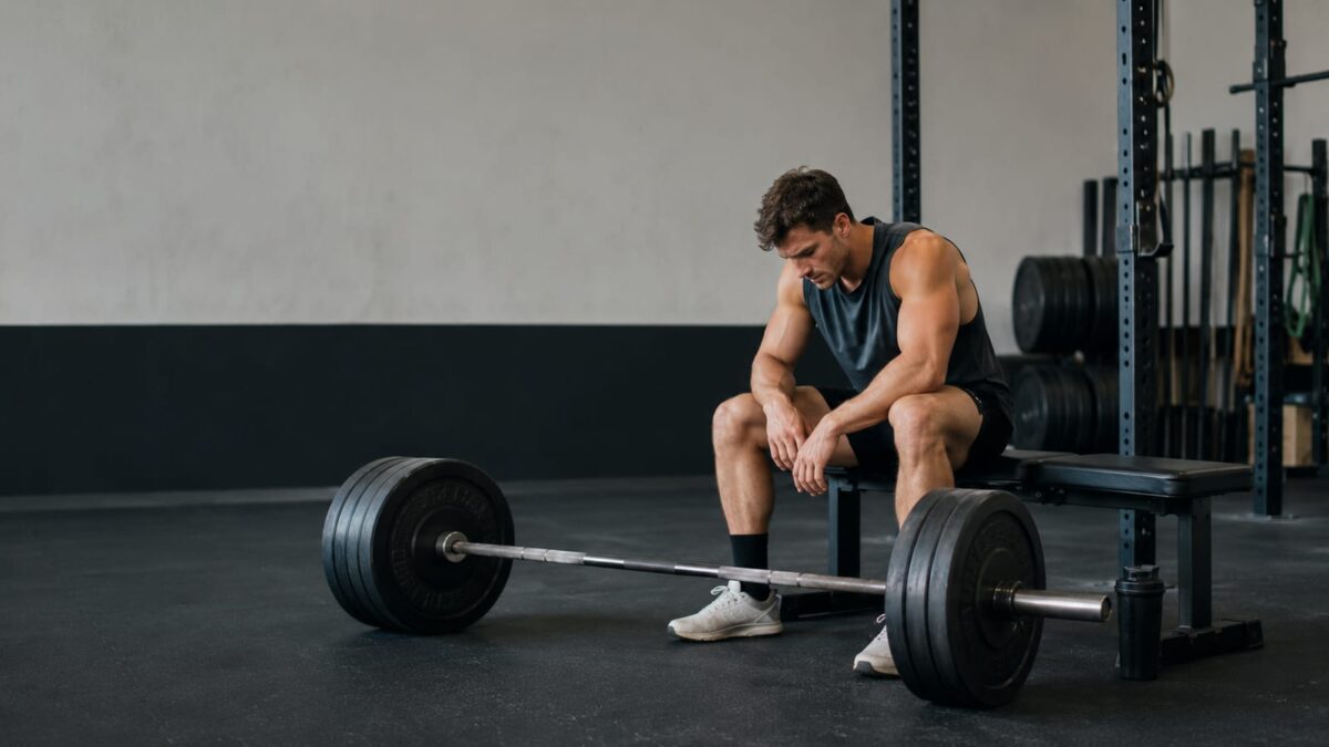 Tired strength athlete resting beside a loaded barbell after an intense gym workout
