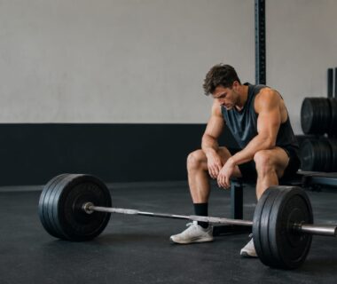 Tired strength athlete resting beside a loaded barbell after an intense gym workout