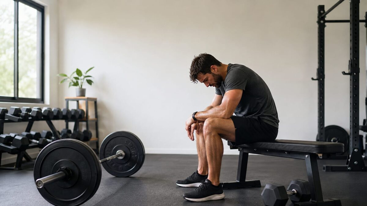 Tired lifter seated beside a loaded barbell after training in a simple home gym
