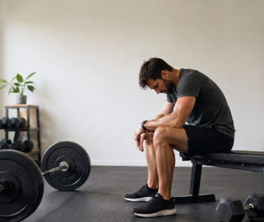 Tired lifter seated beside a loaded barbell after training in a simple home gym