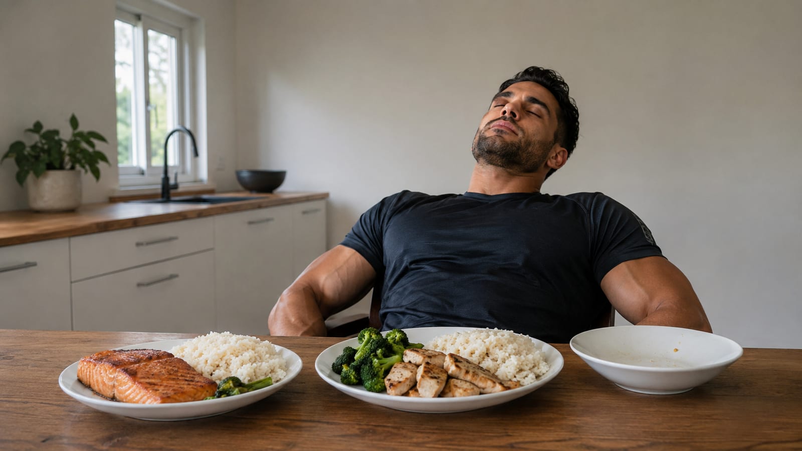 Sleepy lifter resting at kitchen table after eating a large high calorie meal