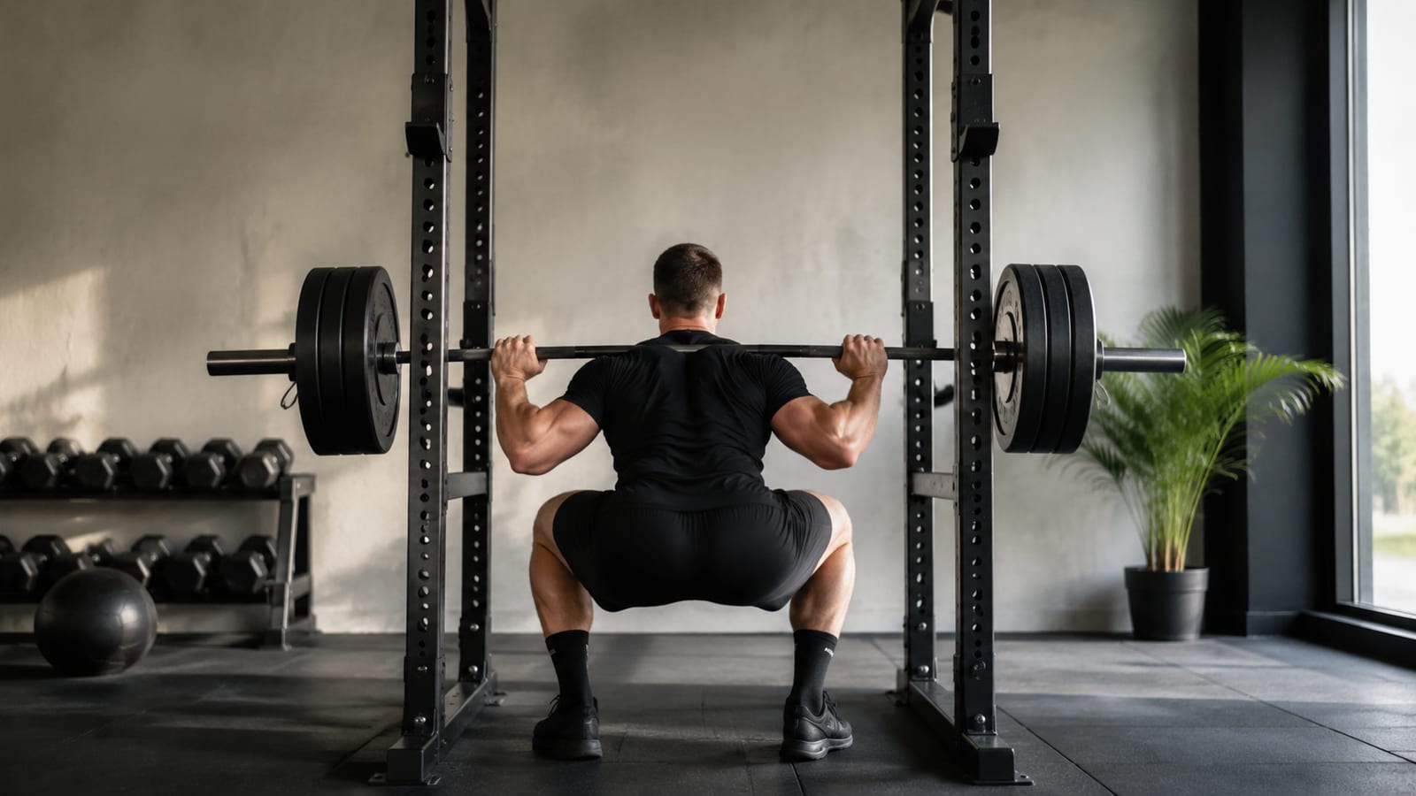 Lifter performing controlled barbell squats in a rack during a structured strength session