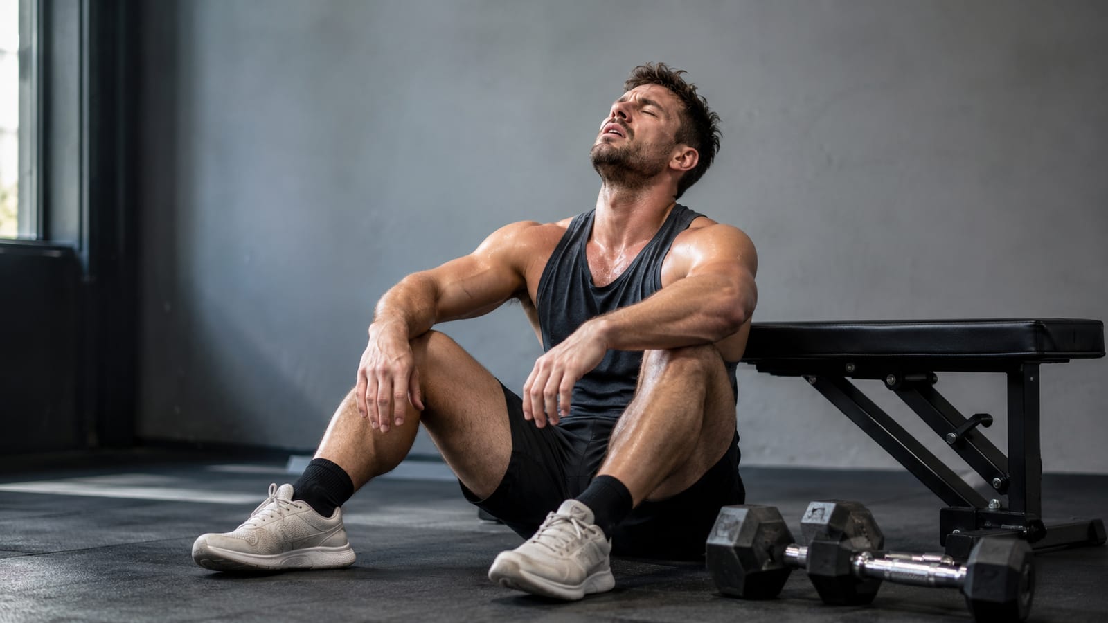 Exhausted lifter sitting near dumbbells after completing a high volume training session