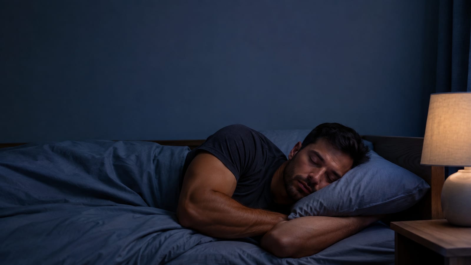 Exhausted athlete sleeping peacefully in a dark bedroom after demanding strength training