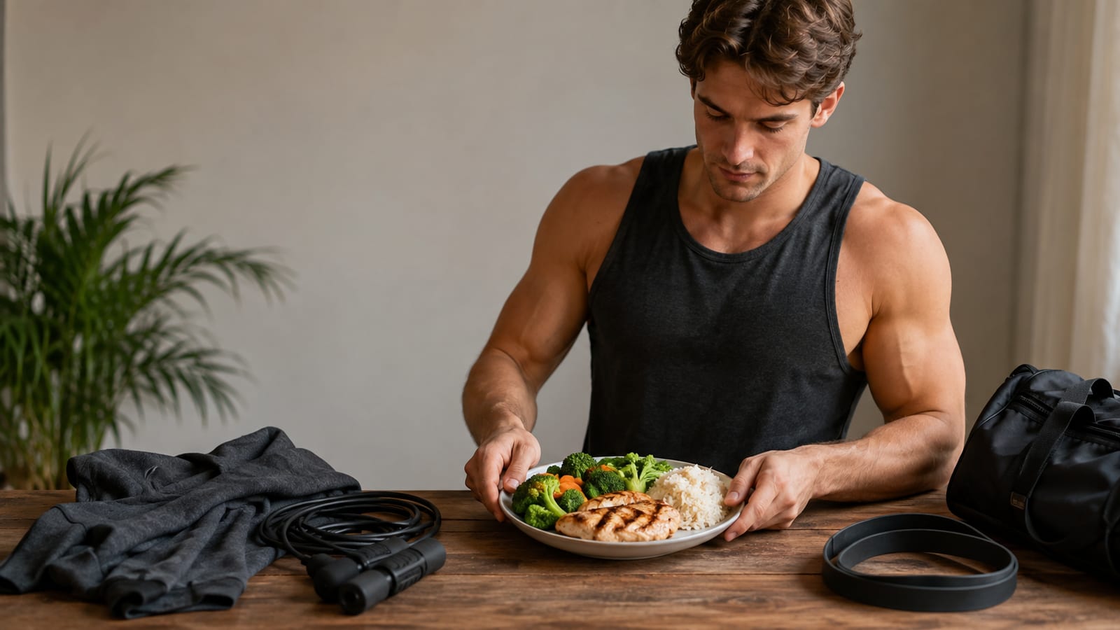 Focused athlete preparing balanced meal and recovery routine beside gym equipment