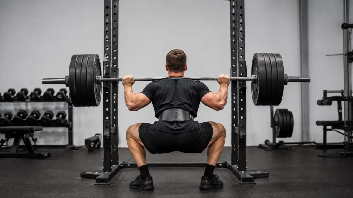 Athlete performing a heavy barbell squat beside weight plates and lifting belt in a gym