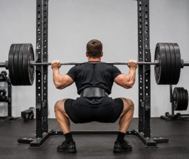 Athlete performing a heavy barbell squat beside weight plates and lifting belt in a gym