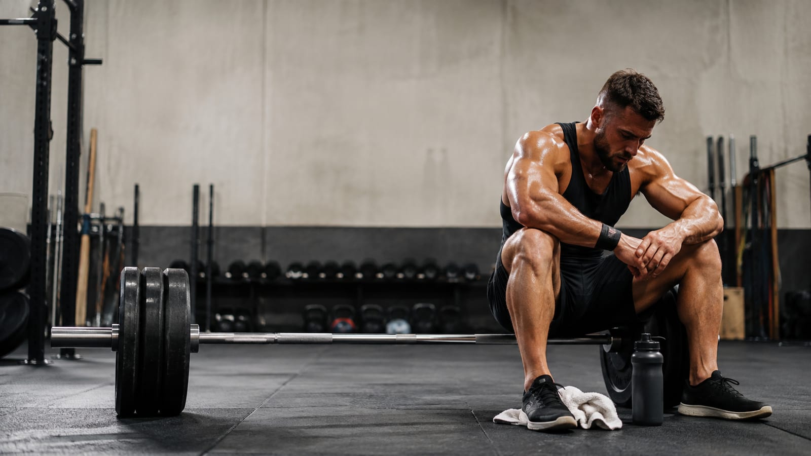 Tired bodybuilder resting beside a barbell with towel and water bottle after intense training