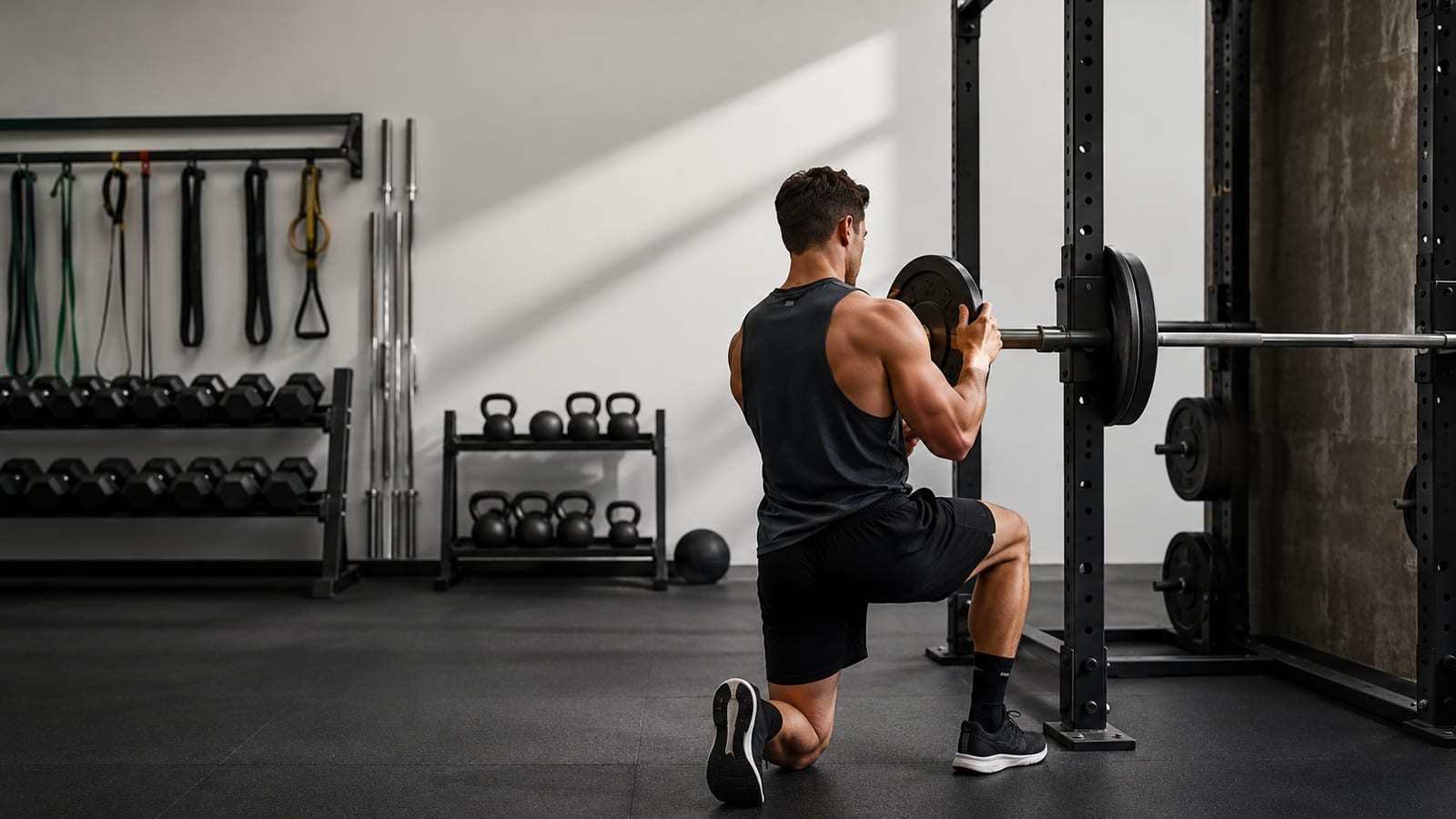 Athlete adding a small weight plate to a barbell during structured strength training