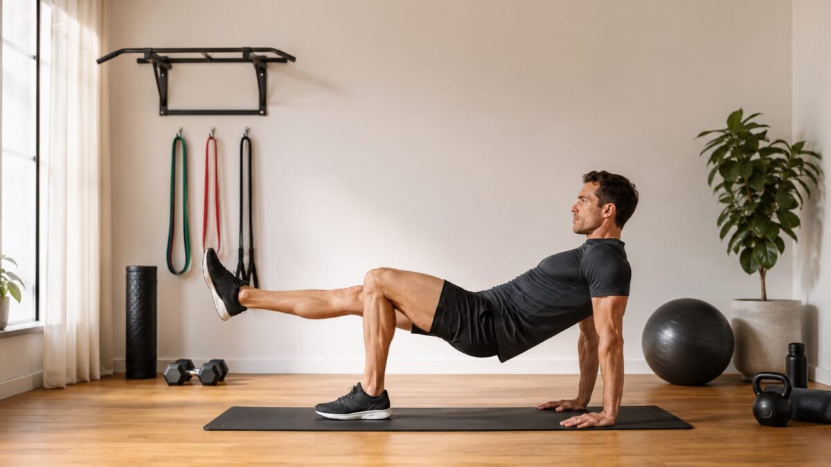 Athlete combining controlled Pilates movements with bodyweight strength exercises in a bright home studio