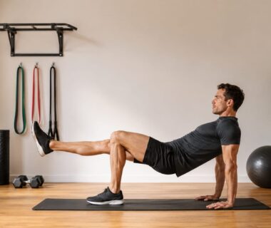 Athlete combining controlled Pilates movements with bodyweight strength exercises in a bright home studio