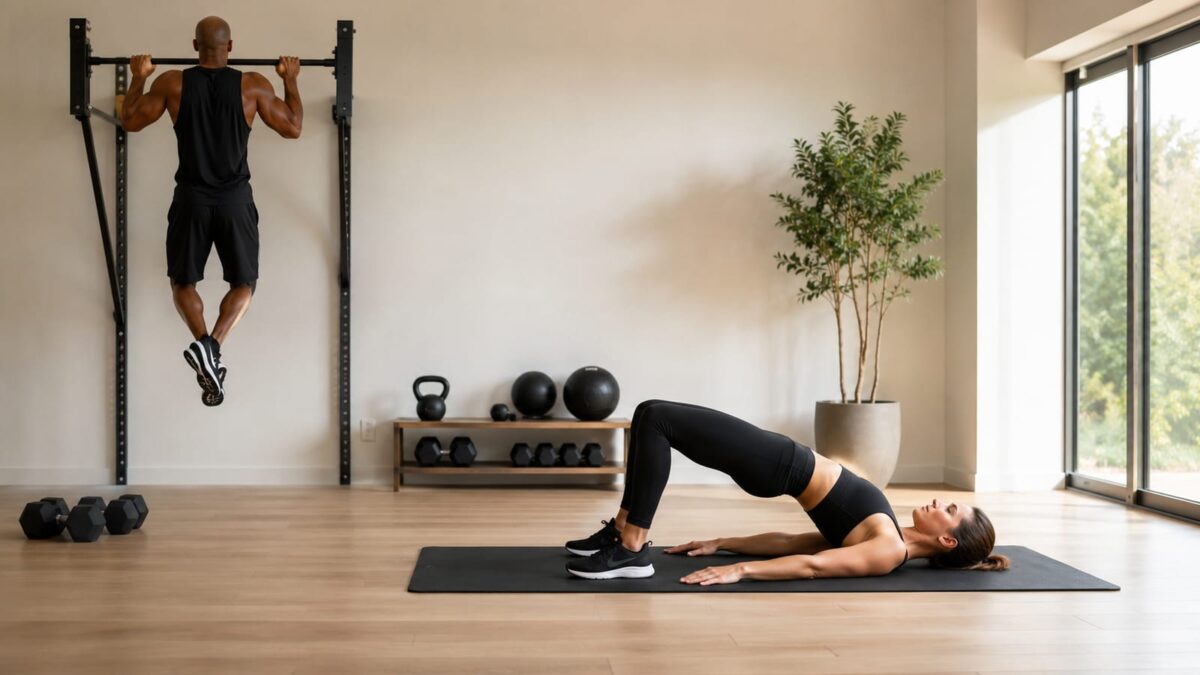 Two athletes compare pull-up strength and controlled Pilates floor work in a bright home gym