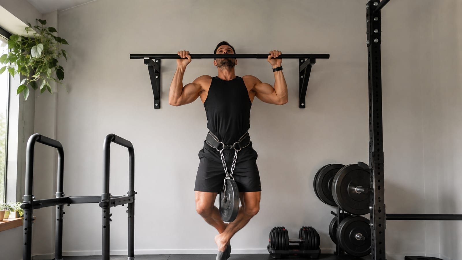 Athlete performing a weighted pull-up beside progressively heavier training equipment at home