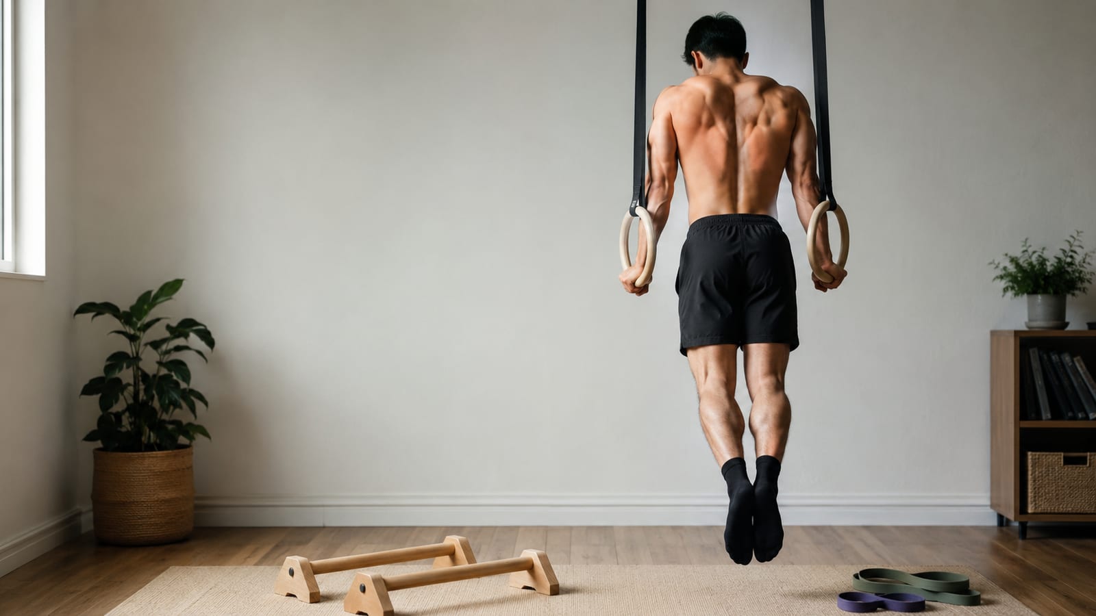 Athlete performs a controlled ring dip beside resistance bands and parallettes in a home gym