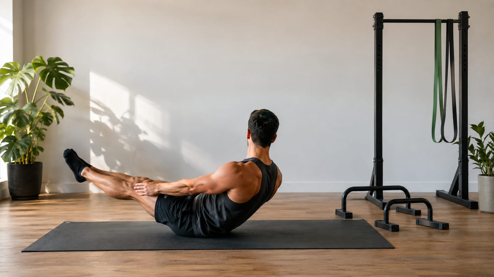 Athlete combining Pilates core control with calisthenics strength work during a home session