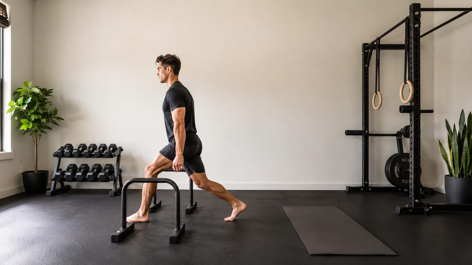 Athlete combines bodyweight strength work with Pilates mobility exercises during a balanced home session