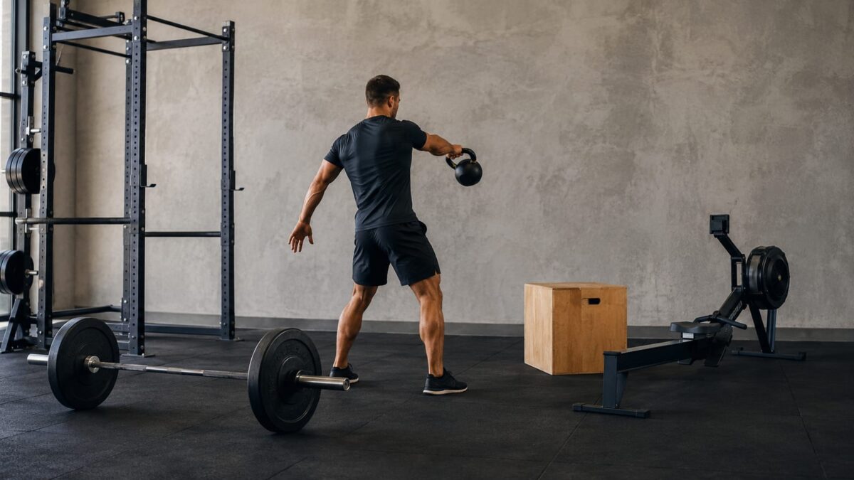 Strength athlete performing kettlebell intervals beside barbells in a bright, realistic training gym