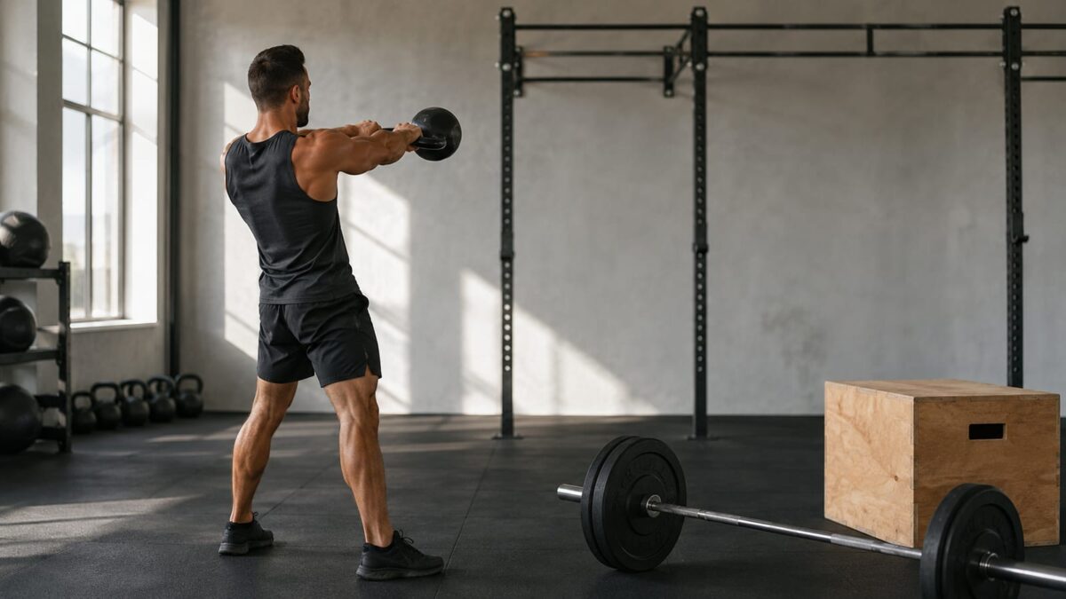 Athlete training with barbell and kettlebell in a realistic functional fitness gym