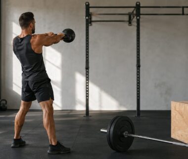 Athlete training with barbell and kettlebell in a realistic functional fitness gym
