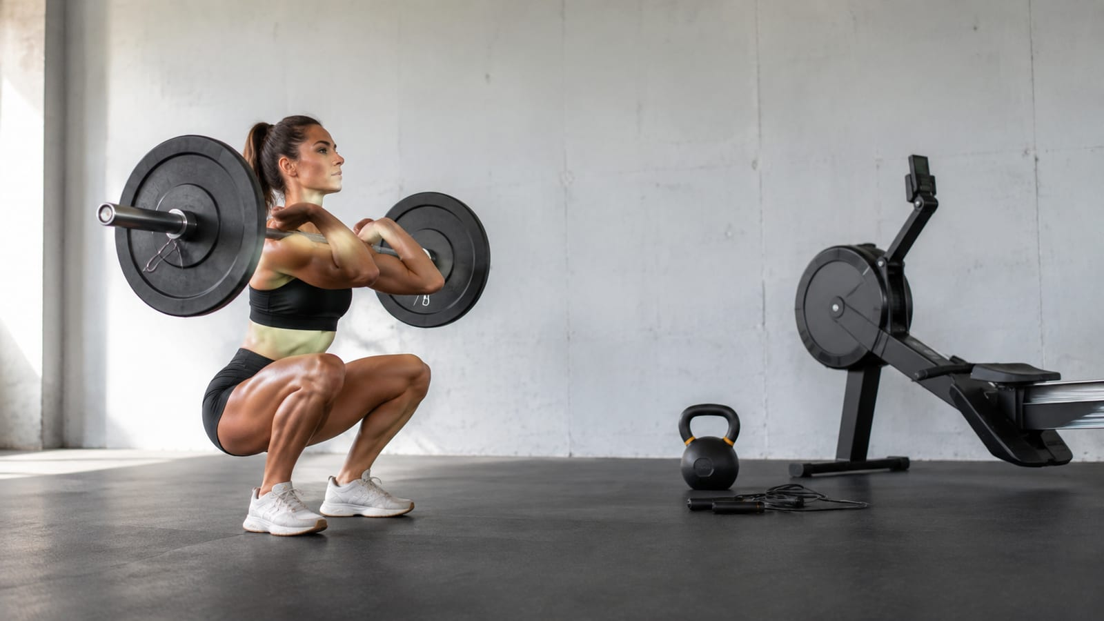 Athlete performing controlled barbell lifts alongside short conditioning intervals in a functional training gym