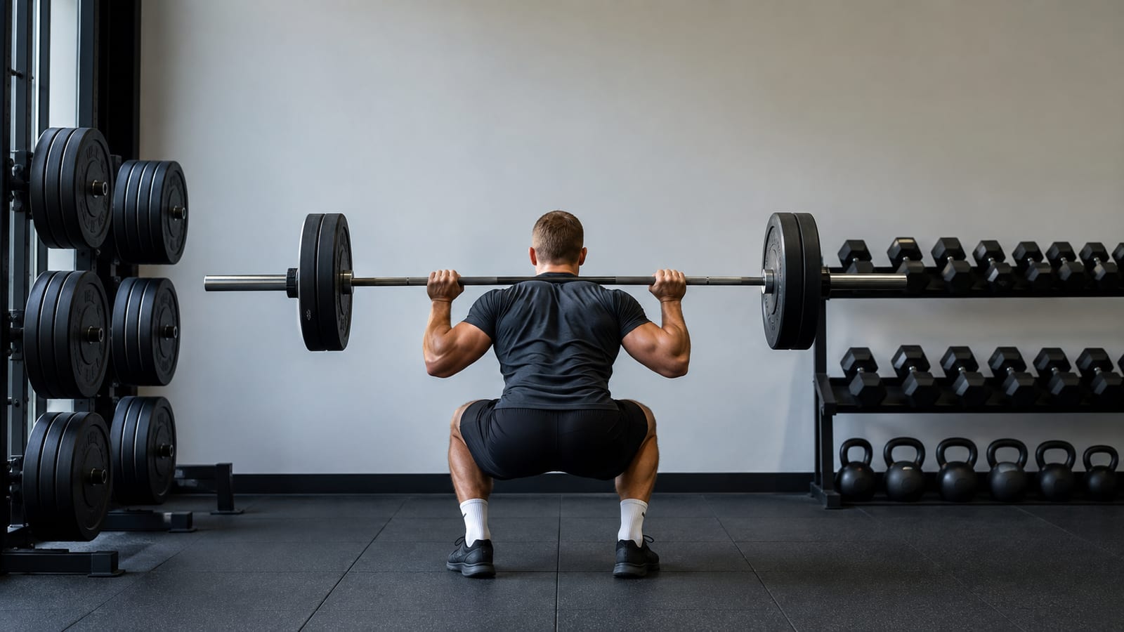 Athlete performing controlled barbell squats beside organized kettlebell and dumbbell stations