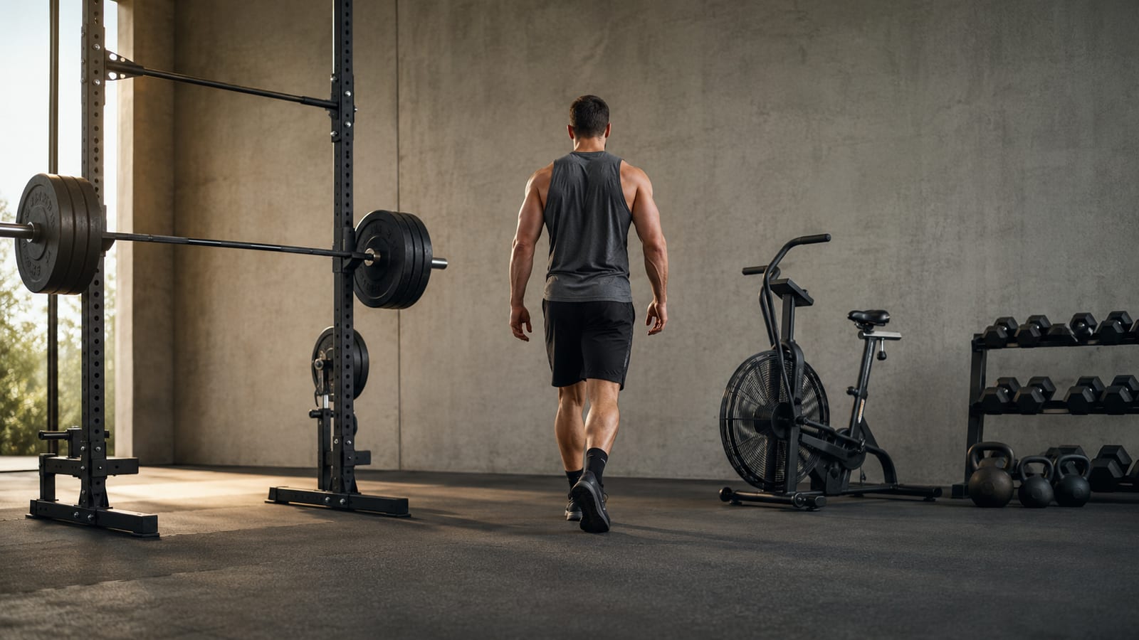 Lifter using an air bike after heavy squats in a practical strength training gym