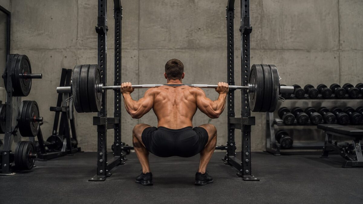 Natural bodybuilder performing a controlled barbell squat in a realistic, well-equipped gym