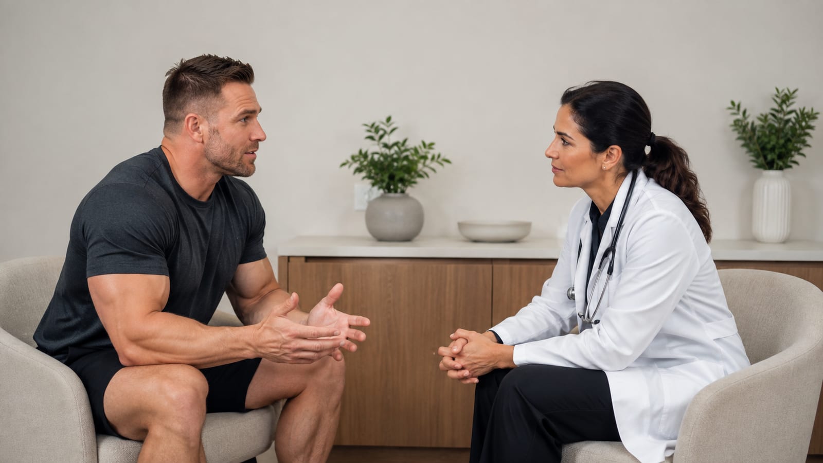 Adult lifter discussing hormone-related symptoms with a clinician during a private consultation