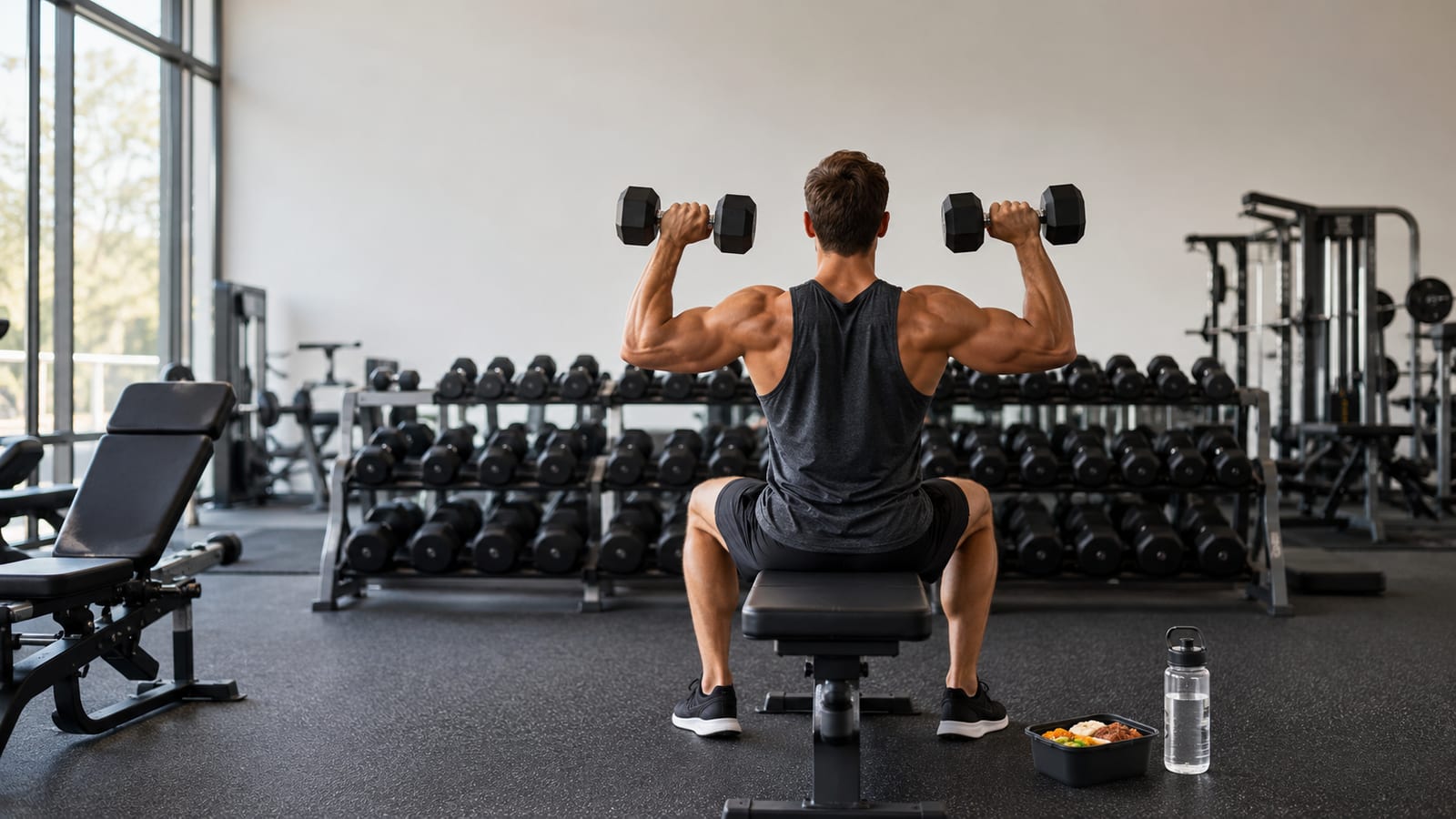 Natural lifter training with free weights beside water and simple post-workout nutrition