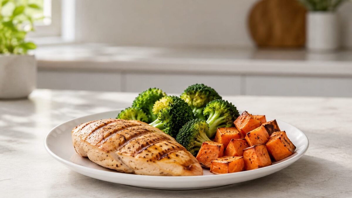 Plated chicken broccoli and sweet potato meal for controlled cutting