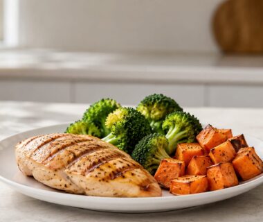 Plated chicken broccoli and sweet potato meal for controlled cutting