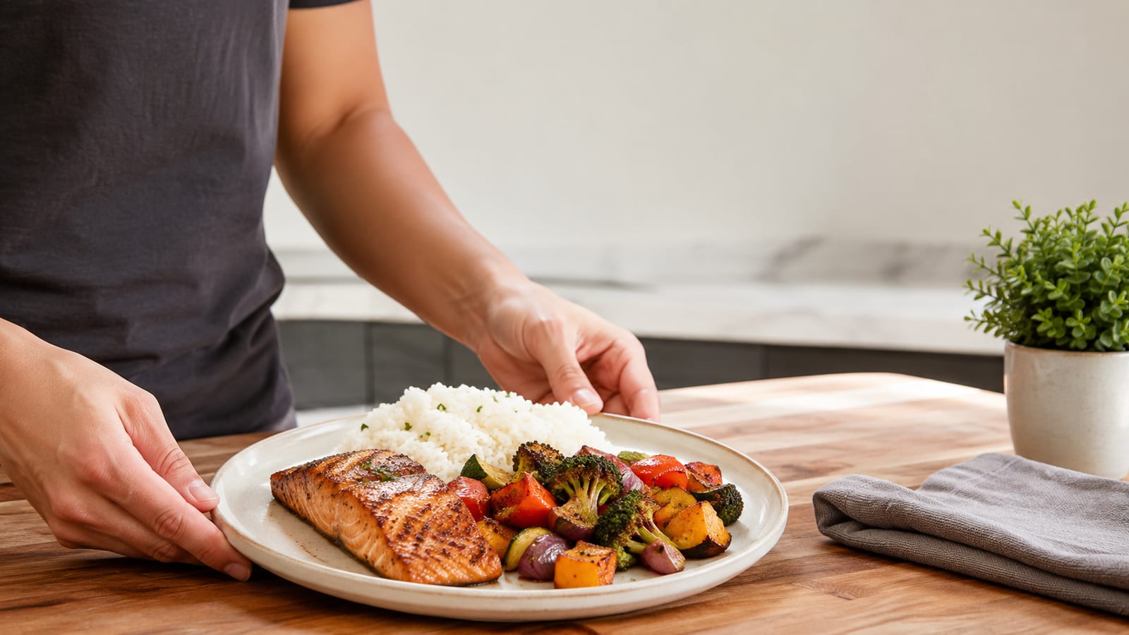 Hands plating salmon rice and vegetables for a planned refeed